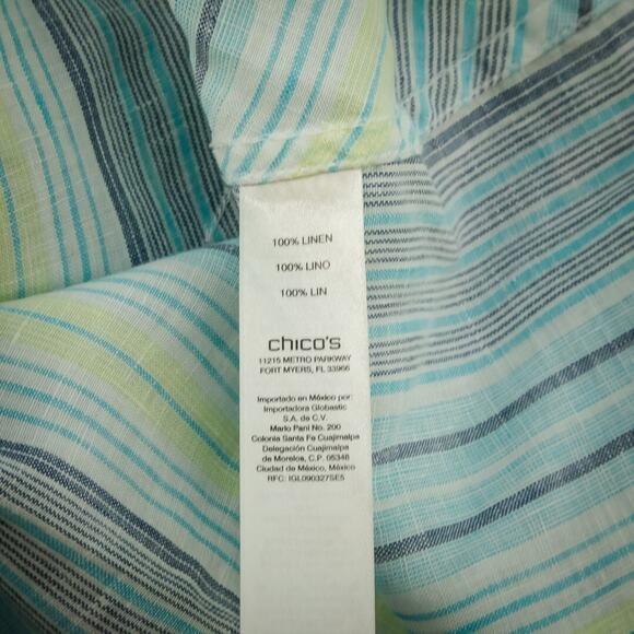 Chico's 3 Size XL Blue Stripe Print Button Tab Sleeve No Iron Linen Tunic Top - Picture 5 of 7